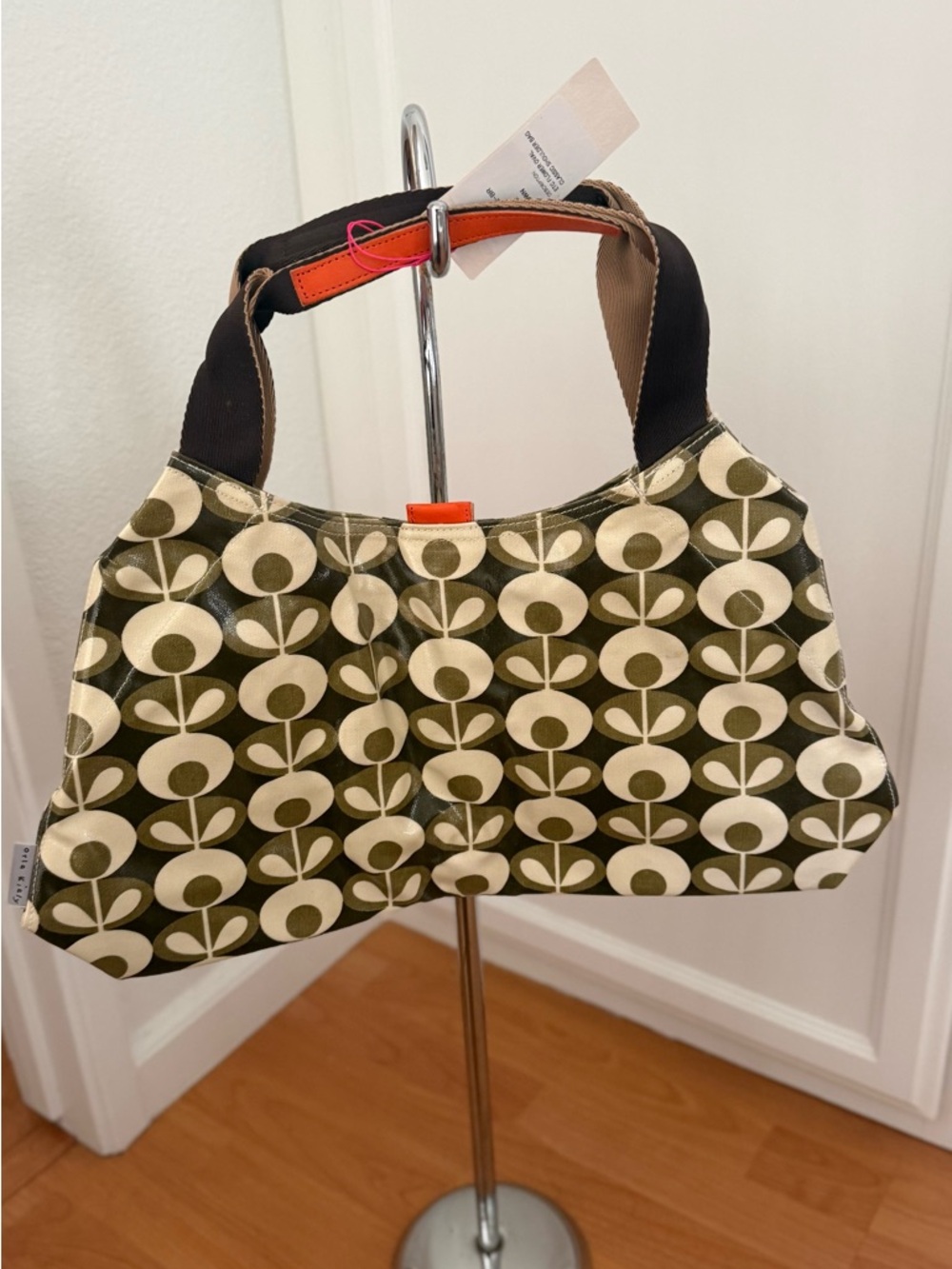 Orla Kiely Olive and Cream Floral Shoulder Bag with Orange Accent